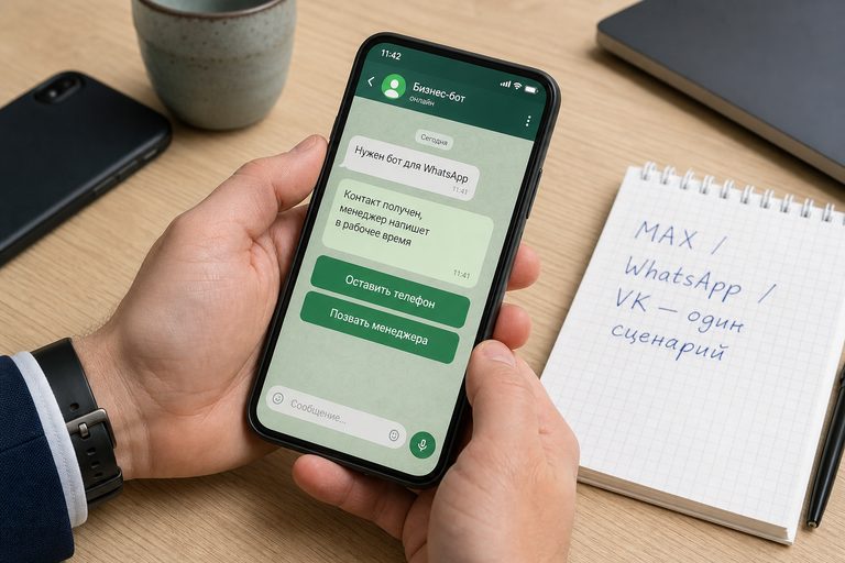 Телефон в руках с диалогом заявки в мессенджере и блокнотом «MAX / WhatsApp / VK — один сценарий» на столе