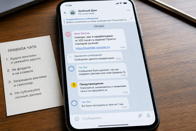 Телефон с лентой Telegram-чата и бумажный список правил: спам-ссылка не проходит, новичок видит условия входа