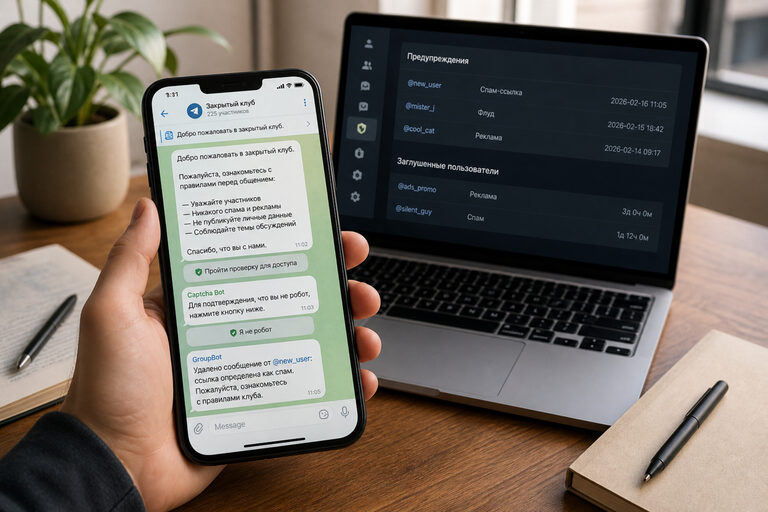 Смартфон с приветствием и правилами Telegram-чата, рядом ноутбук со списком предупреждений модератора