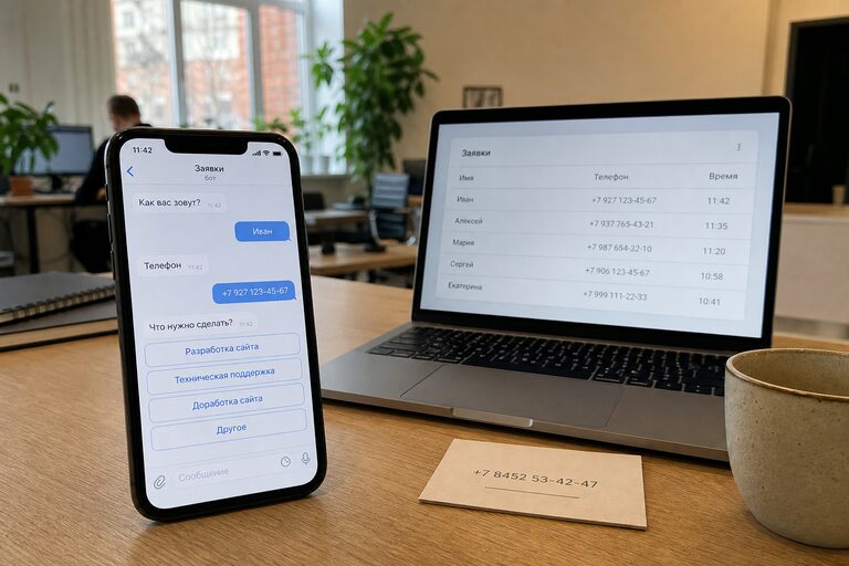 Смартфон с диалогом бота заявок: имя, телефон и задача, рядом ноутбук со списком новых обращений