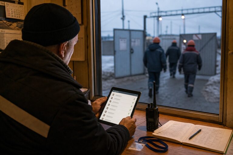 Охранник в будке смотрит на планшет со списком допущенных на смену, рядом рация и журнал, за окном каски у ворот