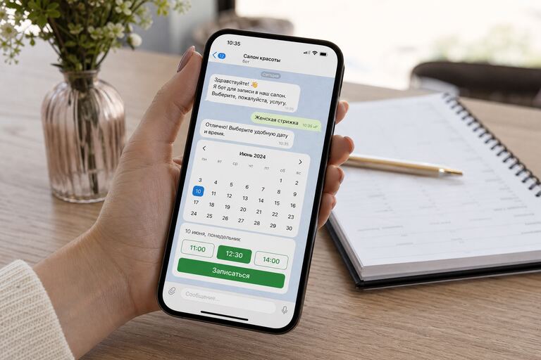 Телефон в руке: Telegram-бот онлайн-записи показывает услуги и свободные слоты времени