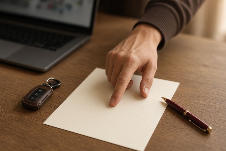 Рука указывает на чистый лист рядом с ключом и ноутбуком, где интерфейс размыт