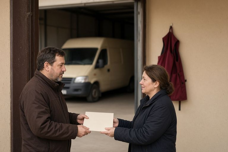 Водитель передаёт диспетчеру чистую папку у открытых ворот гаража, сзади стоит фургон
