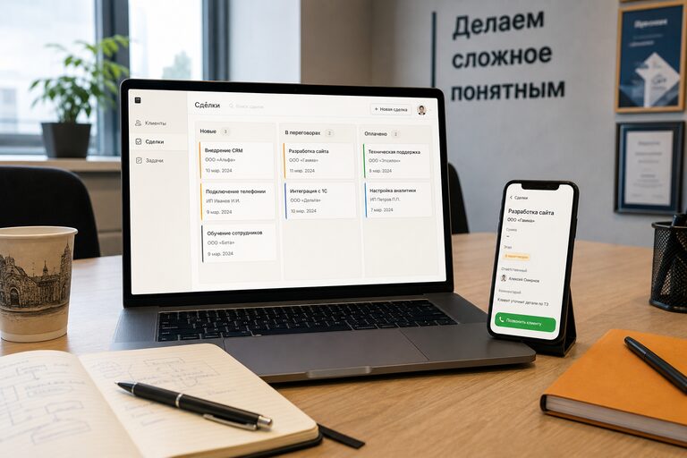 Ноутбук и телефон на столе со своей CRM: воронка сделок по этапам и карточка клиента с кнопкой позвонить