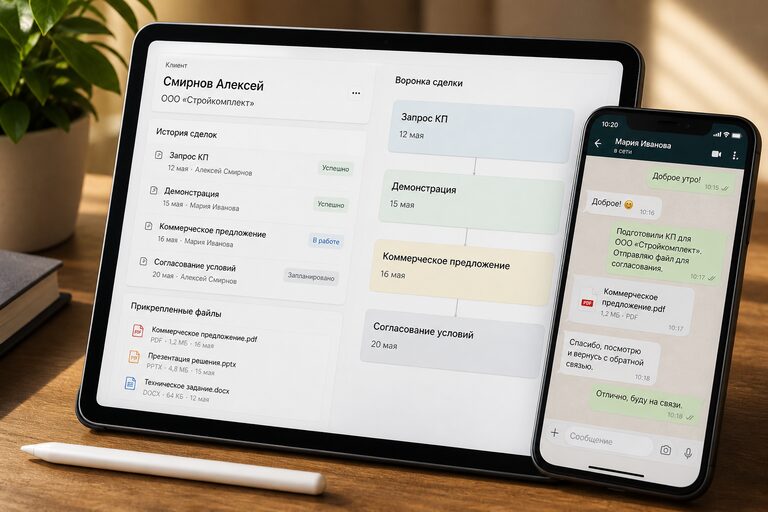 Планшет и телефон с карточкой клиента в своей CRM: история сделок, файлы и этапы воронки рядом с перепиской менеджера