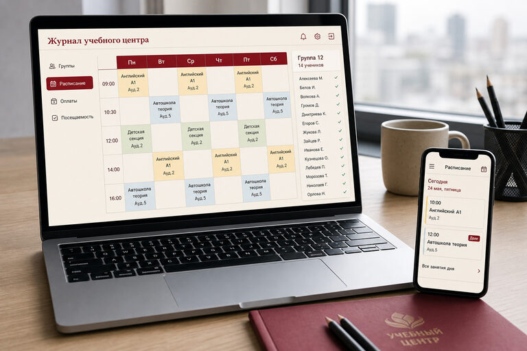 Ноутбук и телефон с CRM учебного центра: недельное расписание групп, аудитории и журнал посещаемости