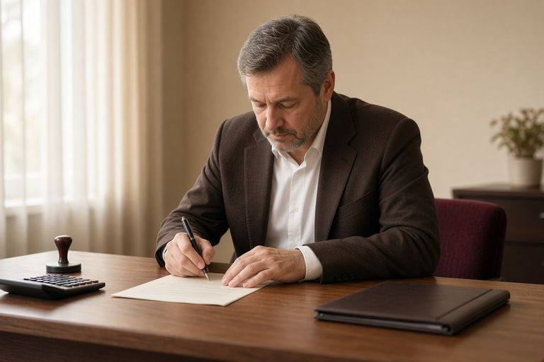 Как оплатить разработку сайта с расчётного счёта: директор подписывает договор за столом с калькулятором