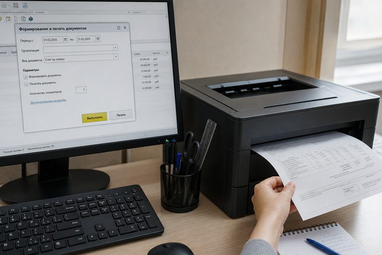 Окно обработки «сформировать и напечатать» на экране и свежий счёт из принтера