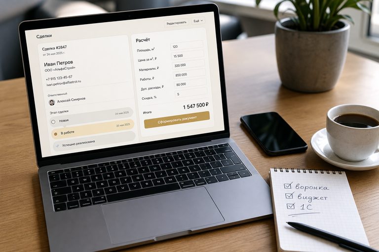 Ноутбук на столе с карточкой сделки CRM и своим виджетом расчёта: доработка amoCRM и Битрикс24 без смены системы