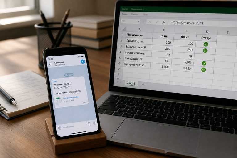 Ноутбук с Excel и проверками в ячейках, рядом телефон с сообщением что таблица обновлена