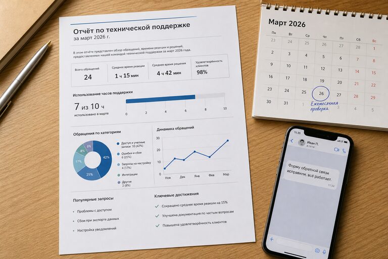 Ежемесячный отчёт по часам поддержки на столе и сообщение на телефоне, что форма заявки починена