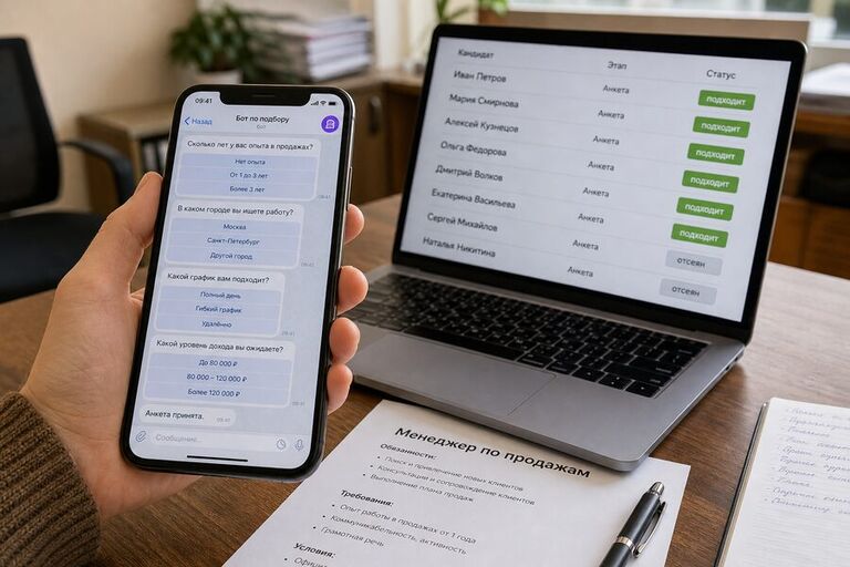 Смартфон с анкетой HR-бота в Telegram: опыт, город, график и зарплата, рядом ноутбук со списком подходящих и отсеянных кандидатов