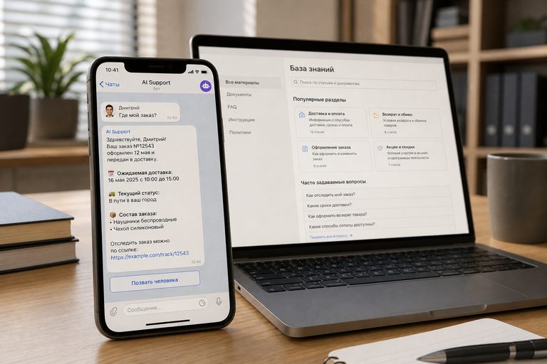 Телефон на столе с диалогом ИИ-бота поддержки: клиент спрашивает где заказ, бот отвечает статусом и датой, рядом ноутбук с базой знаний