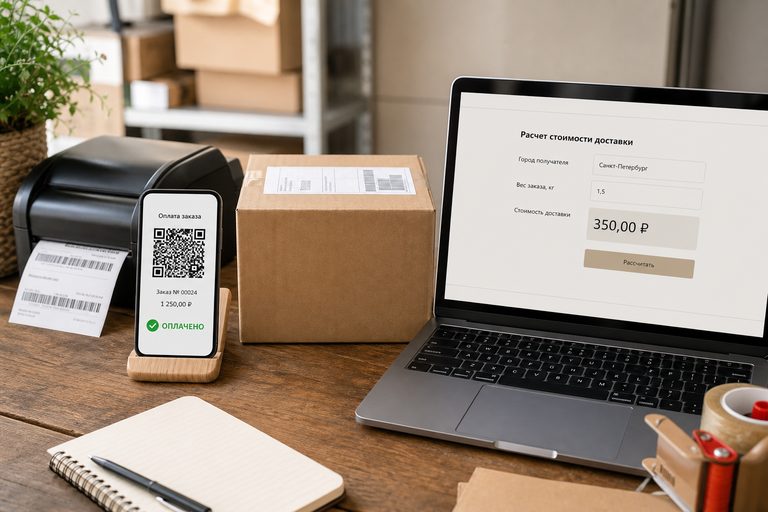 Телефон с QR-оплатой «оплачено», коробка с этикеткой и ноутбук с расчётом доставки в Санкт-Петербург