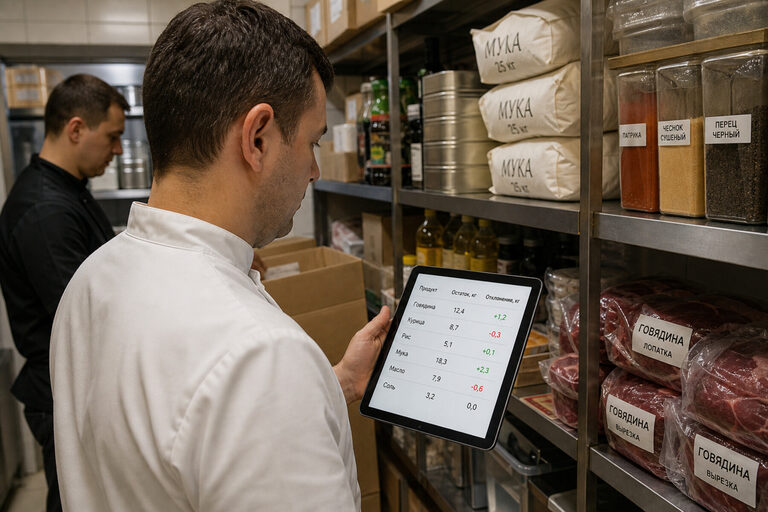 Шеф на складе кухни с планшетом: инвентаризация продуктов по полкам, остатки и отклонения на экране