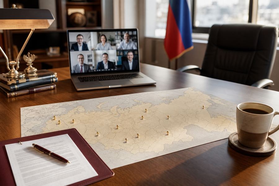 Карта России на столе с метками городов и ноутбук с созвоном — так выглядит удалённая IT-разработка по стране