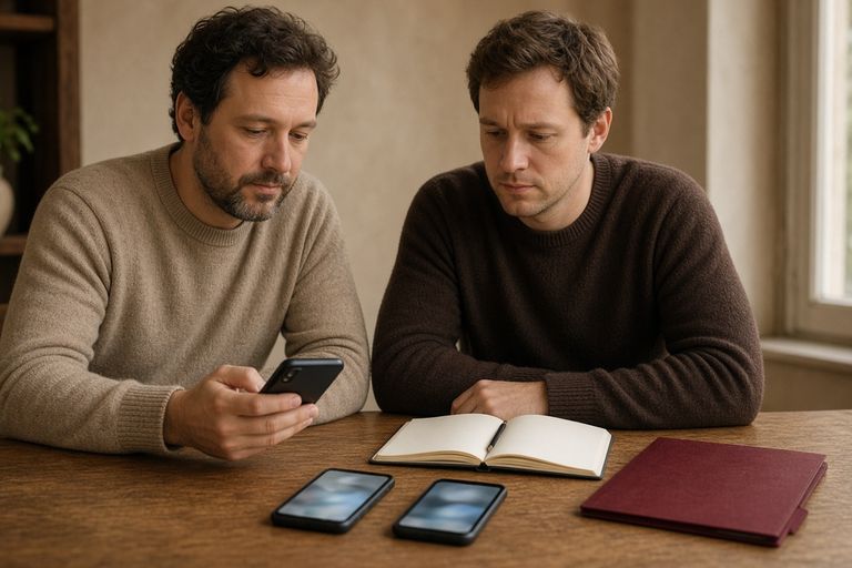 Двое за столом смотрят телефоны и обсуждают, сколько стоит каждый канал сверх первого