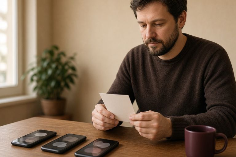 Менеджер читает одну карточку клиента, а на столе лежат три телефона с размытыми экранами и винная кружка