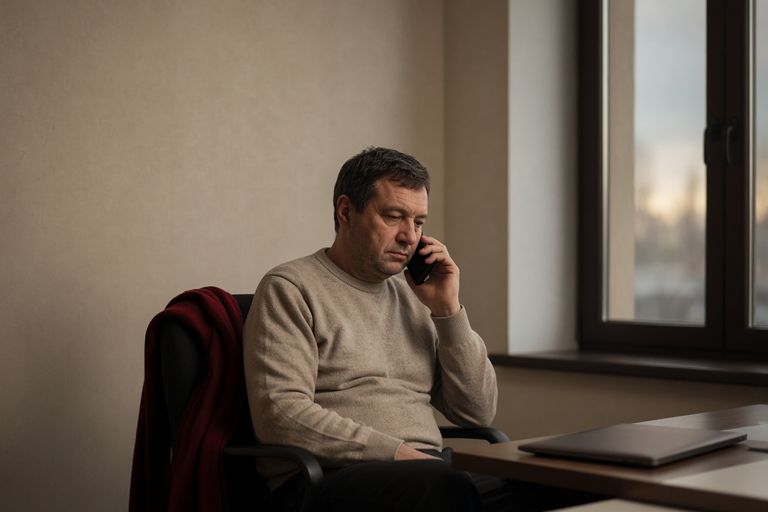 Менеджер говорит по личному телефону, закрытый ноутбук компании лежит в стороне