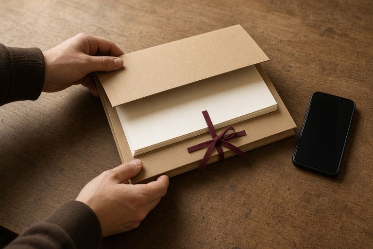 Руки кладут картонную папку с чистыми листами рядом с телефоном на деревянном столе
