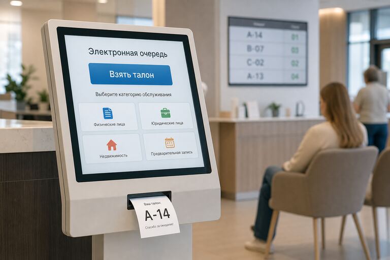 Киоск электронной очереди в приёмной: крупные кнопки «Взять талон» и бумажный талон из принтера