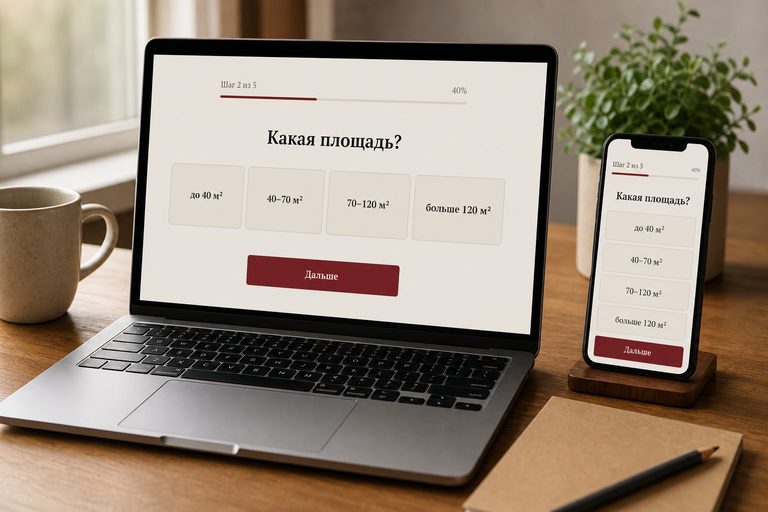 Квиз-лендинг на ноутбуке и телефоне: шаг опроса про площадь, прогресс-бар и крупные карточки ответов