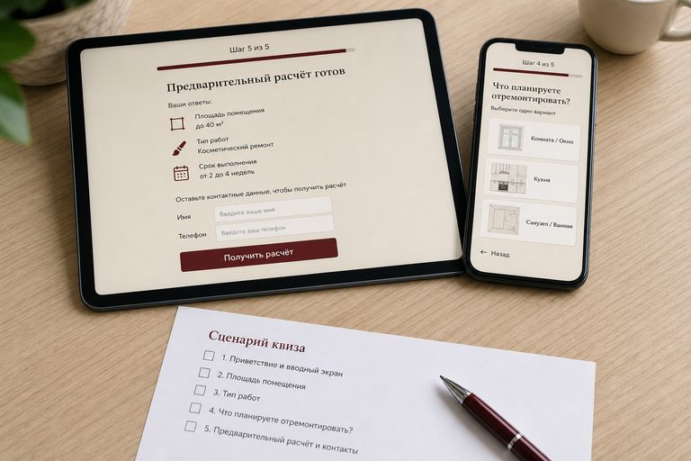 Планшет и телефон: финальный шаг квиза с предварительным расчётом и формой имени и телефона, рядом сценарий на бумаге