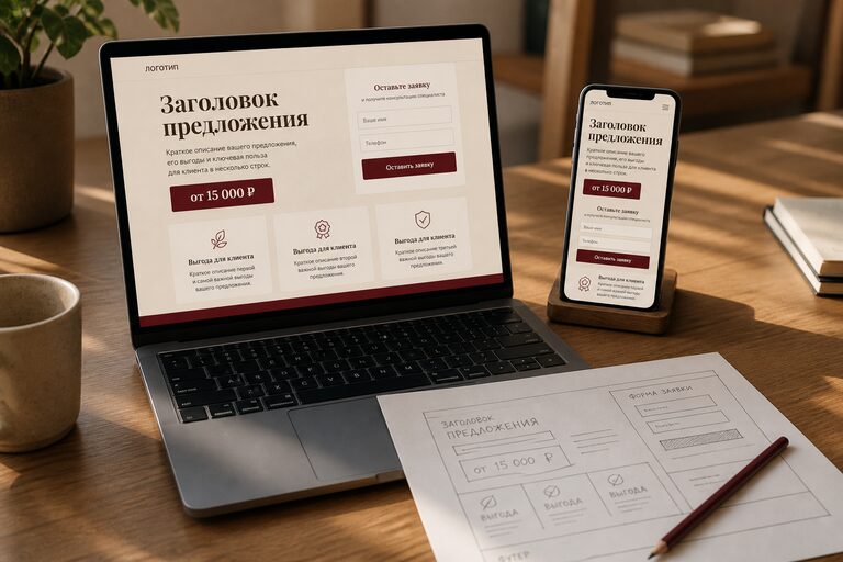 Макет продающего лендинга на ноутбуке и телефоне: оффер, блоки выгод и форма заявки