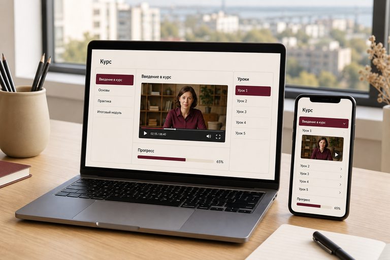 Ноутбук и телефон на столе с кабинетом своей LMS: курсы, урок с видео и шкала прогресса ученика