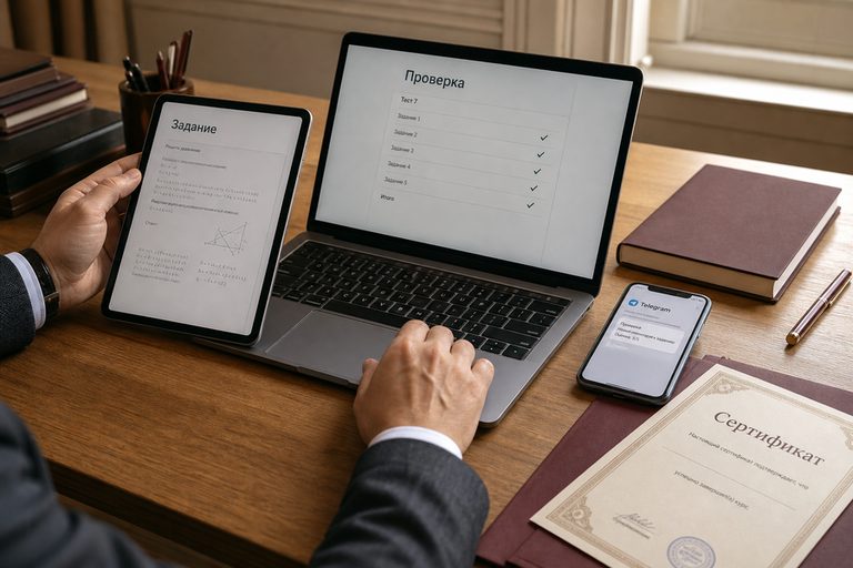 Планшет и ноутбук с проверкой домашнего задания в LMS: ответы ученика, галочки теста и макет сертификата