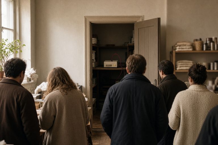 Несколько покупателей в зале магазина, в подсобке на полке один небольшой сервер