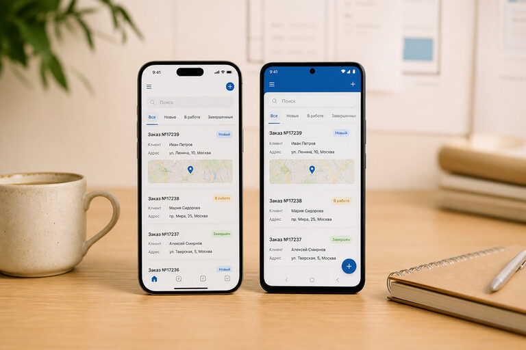 Два смартфона на светлом столе: на одном кабинет заказов в стиле iOS, на другом тот же кабинет в стиле Android — разработка мобильного приложения ООО «Система»