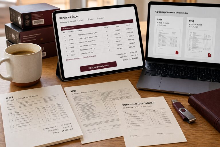 Планшет с заказом из Excel и ноутбук со счётом и УПД на столе оптовика рядом с накладными и коробками