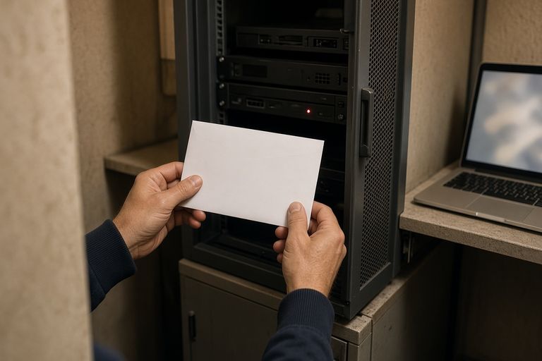 Руки держат чистый конверт у открытой стойки с сервером и красным индикатором