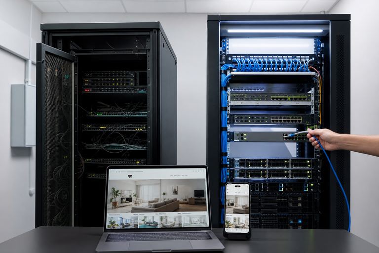 Две серверные стойки: старая слева и новая справа, на ноутбуке и телефоне тот же сайт открыт