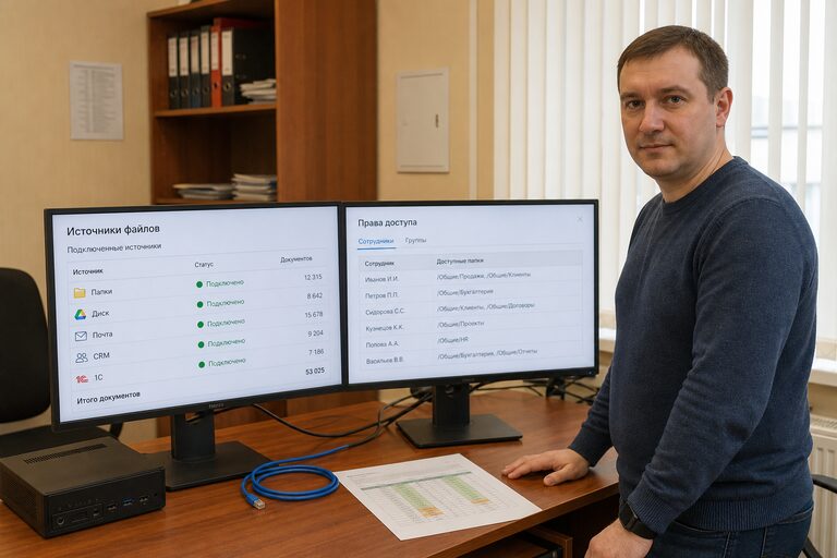 Два монитора: индекс папок, диска и почты и список прав доступа сотрудников