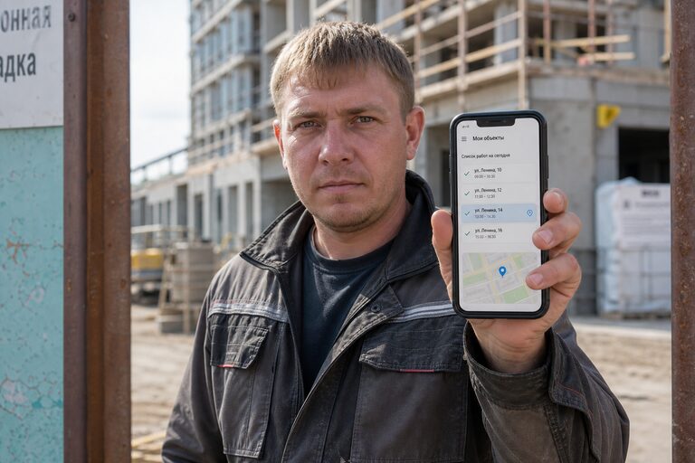 Прораб у входа на объект держит телефон с маршрутом на день: список адресов, галочки и точка на карте