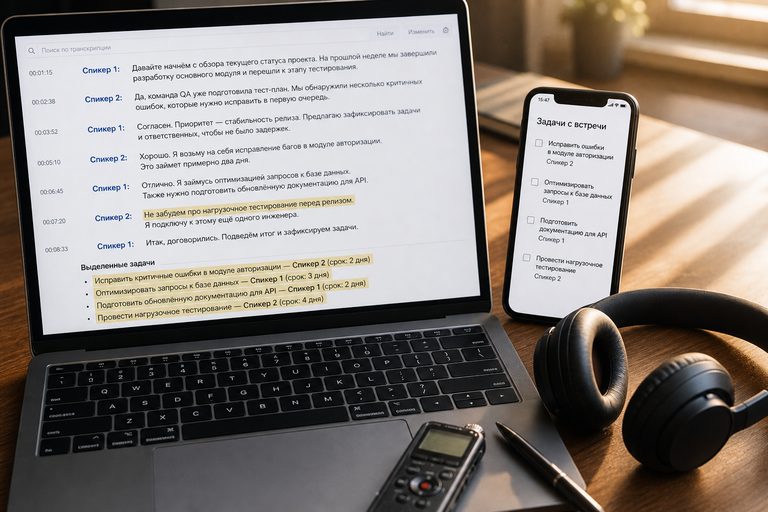 Ноутбук и телефон на столе: расшифровка звонка с разделением говорящих и список задач с встречи