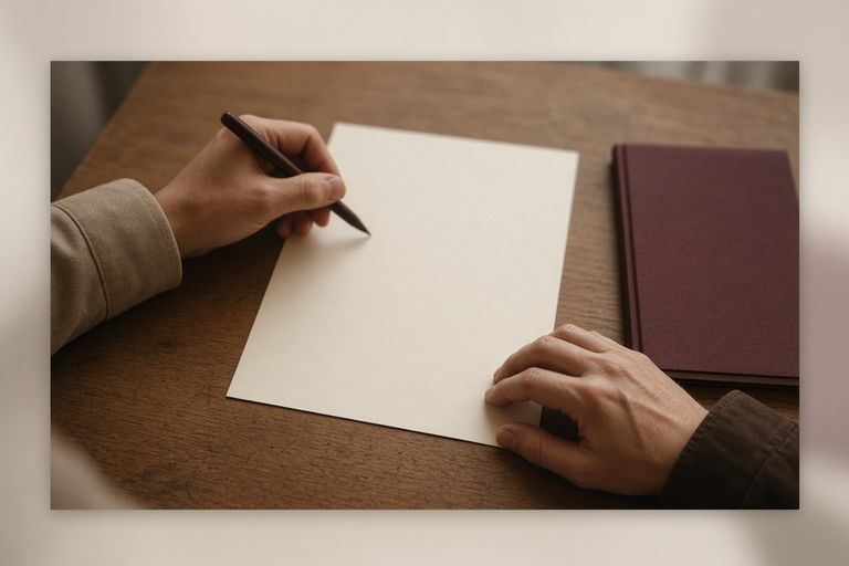 Две руки над чистым листом, одна держит ручку, рядом винная папка