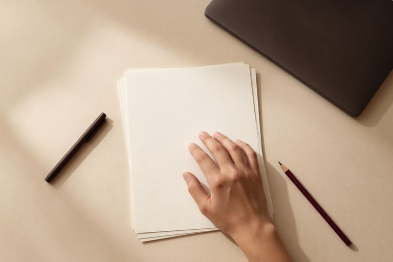 Рука лежит на стопке чистых листов, рядом ручка, карандаш и закрытый ноутбук