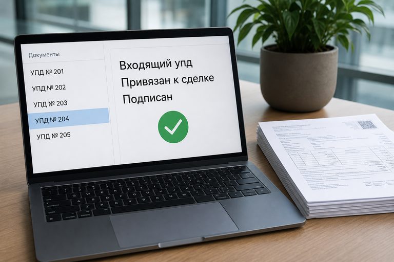 Входящий УПД на экране привязан к сделке, бумажная стопка счетов лежит нетронутой