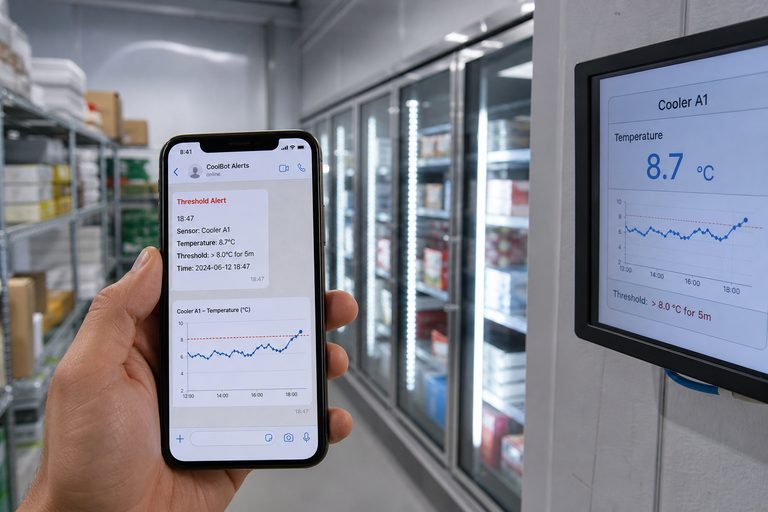 Телефон с оповещением о пороге температуры на складе и тот же экран на мониторе