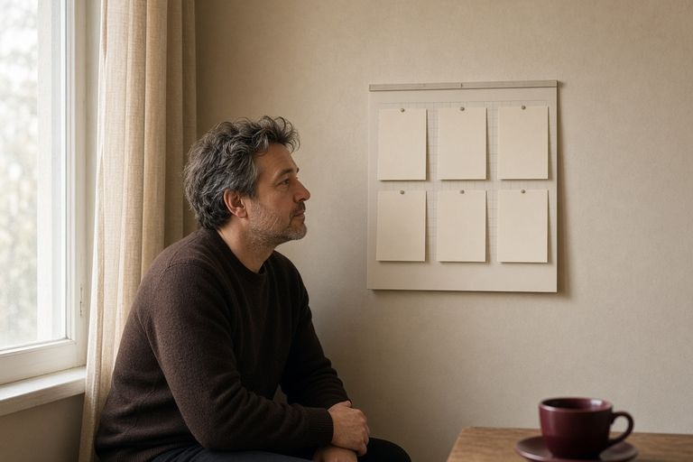 Человек сидит у окна и смотрит на доску с шестью пустыми карточками месяцев