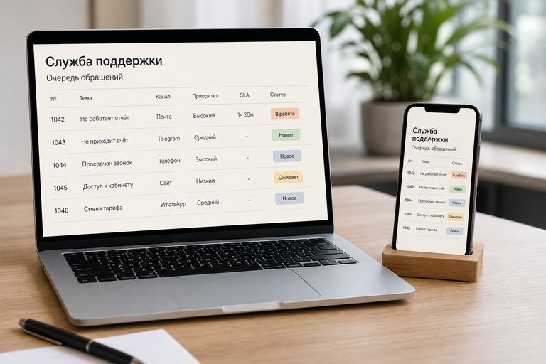 Ноутбук и телефон на столе с очередью Service Desk: номера обращений, каналы почта и Telegram, приоритет и срок ответа