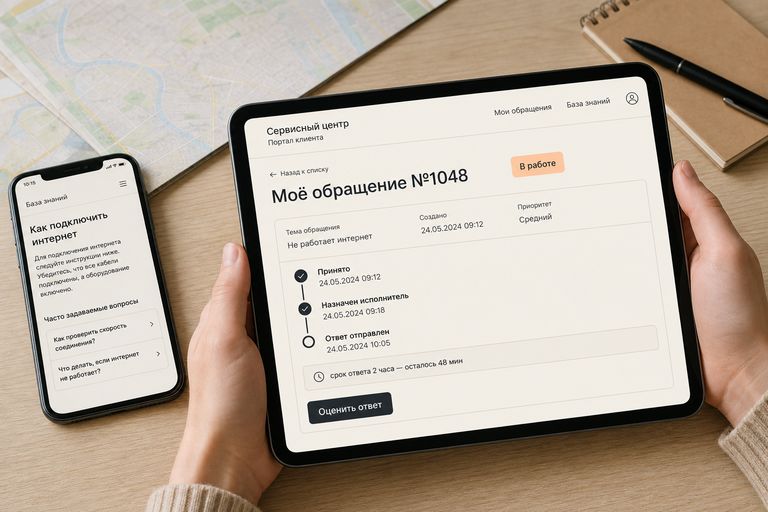 Планшет с карточкой обращения Service Desk: статус в работе, срок ответа и кнопка оценить, рядом телефон со статьёй из базы знаний