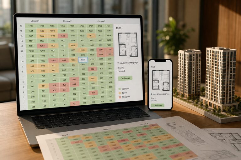 Ноутбук на столе отдела продаж: шахматка квартир по этажам и секциям, статусы свободно-бронь-продано и телефон с планировкой выбранной квартиры