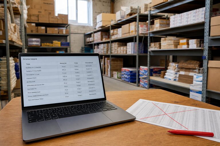 Ноутбук с таблицей остатков на складе, бумажная Excel-таблица перечёркнута, на фоне стеллажи с коробками