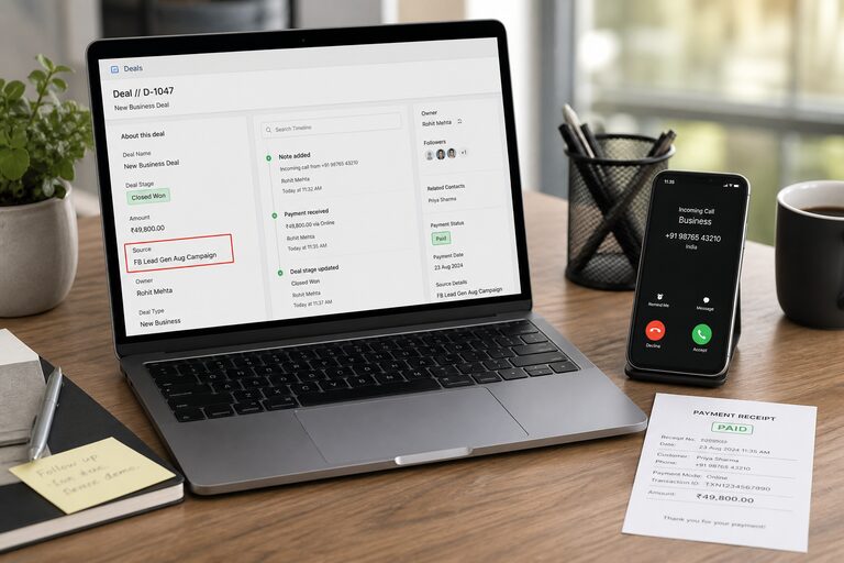 Карточка сделки в CRM с источником рекламы, рядом телефон и подтверждение оплаты