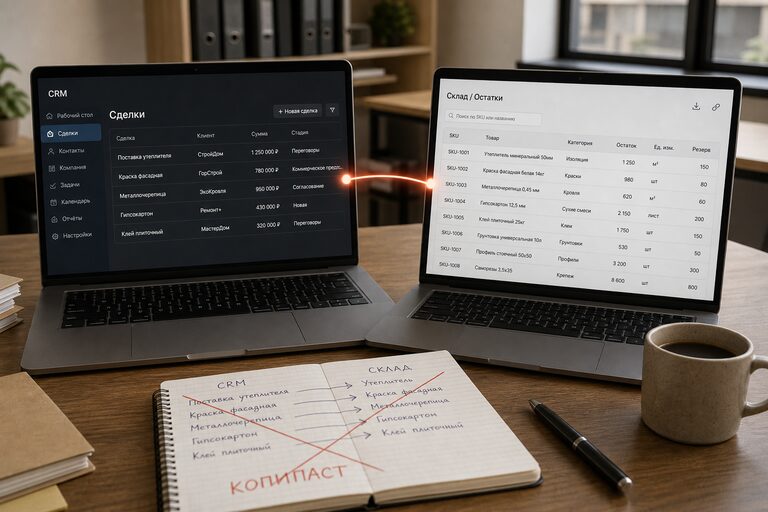 Два ноутбука: слева сделки в CRM, справа остатки на складе, между экранами линия обмена, тетрадь с ручным переносом перечёркнута